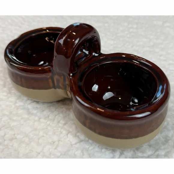 (VTG) Brown/Tan Ceramic Double Condiment Caddy Dish with Spoon - Picture 10 of 14